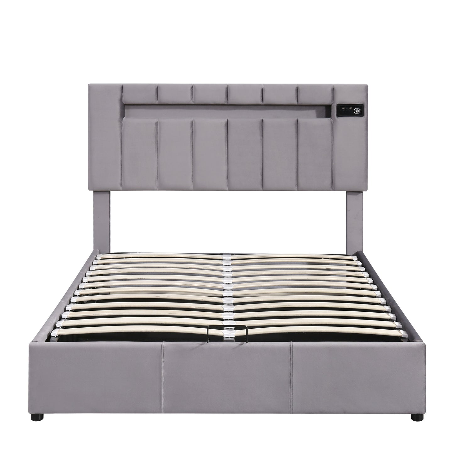 Upholstered Bed Full Size with LED light; Bluetooth Player and USB Charging; Hydraulic Storage Bed in Velvet Fabric