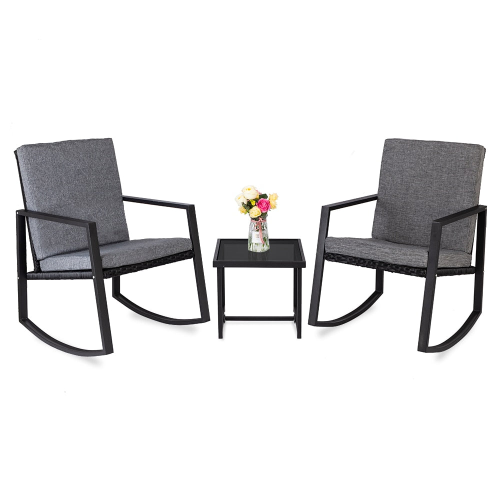 【US Warehouse】3 PCS Rocking Chairs Set Outdoor Patio Furniture with Glass Coffee Table (Black) (Outdoor rattan sofa)