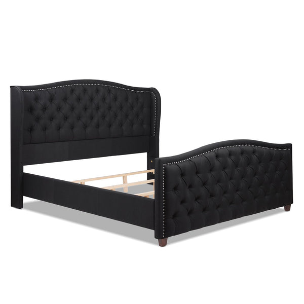 Marcella Upholstered Shelter Headboard Bed Set, King, Jet Black Woven