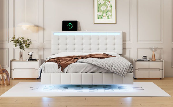 Full Size Floating Bed Frame with LED Lights and USB Charging,Modern Upholstered Platform LED Bed Frame