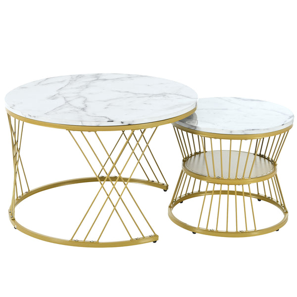 [VIDEO provided] ON-TREND Φ27.5'' & Φ17.7'' Nesting Coffee Table with Marble Grain Table Top, Golden Iron Frame Round Coffee Table, Set of 2, for Living Room, Balcony, White