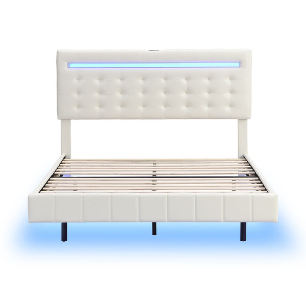 Full Size Floating Bed Frame with LED Lights and USB Charging,Modern Upholstered Platform LED Bed Frame