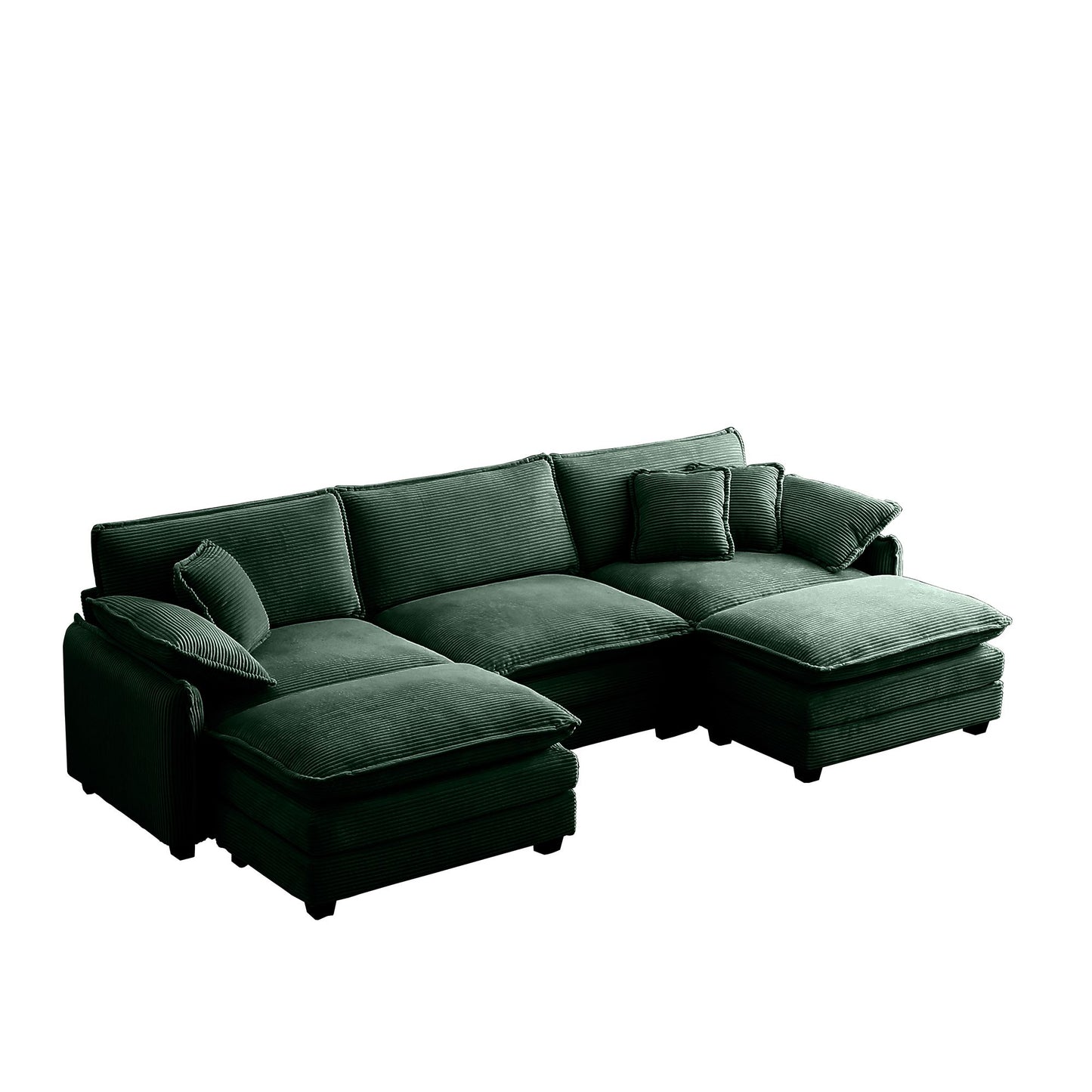 Oversized modular cushioned sofa with conversible ottoman, 3-seater sofa with 2 footstools, U shape sofa inGreen corduroy fabric
