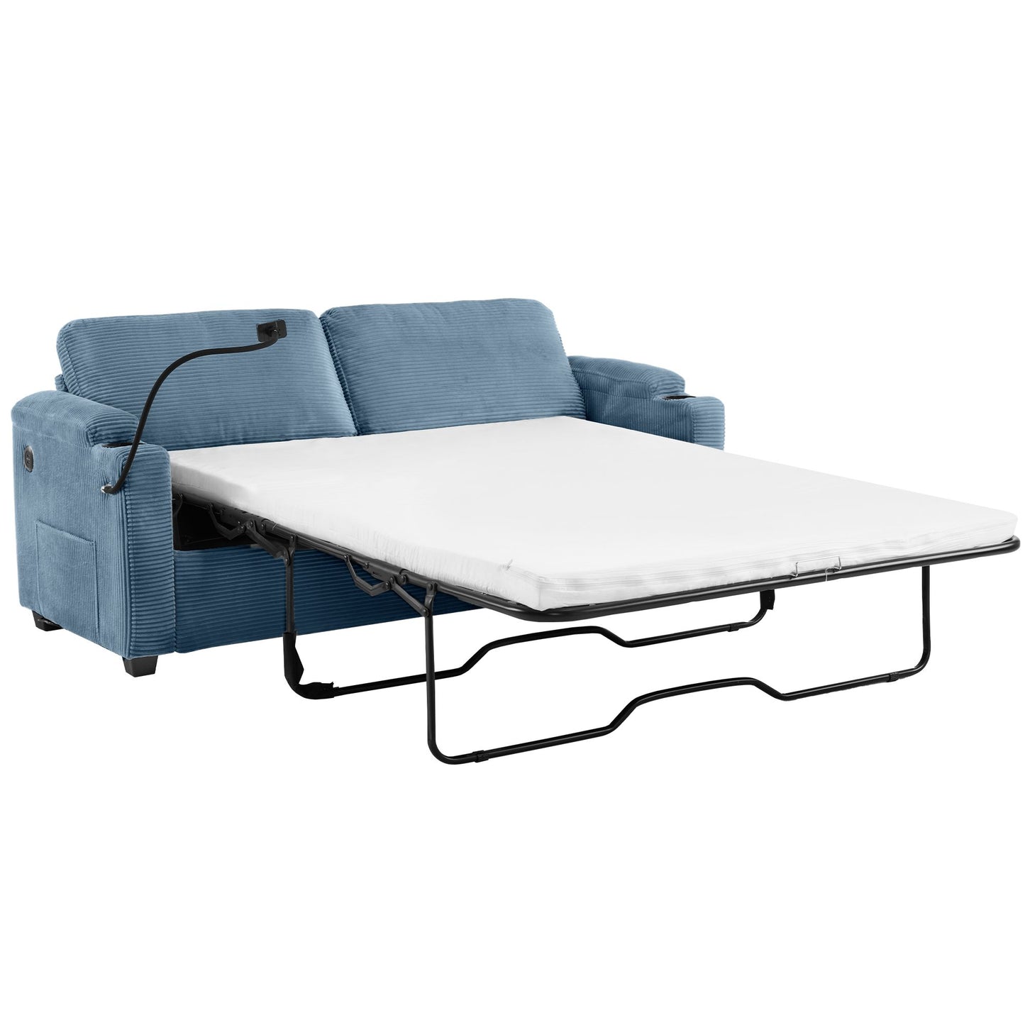 72.8" Corduroy Sleeper Sofa Loveseat Sofa with Full Size Mattress, Two USB Ports, Two Cup Holders, Two Side Pockets and a Phone Holder for Living Room, Navy Blue