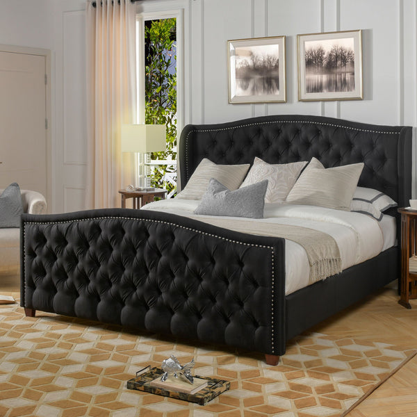 Marcella Upholstered Shelter Headboard Bed Set, King, Jet Black Woven