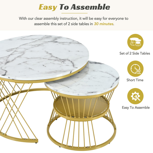 [VIDEO provided] ON-TREND Φ27.5'' & Φ17.7'' Nesting Coffee Table with Marble Grain Table Top, Golden Iron Frame Round Coffee Table, Set of 2, for Living Room, Balcony, White