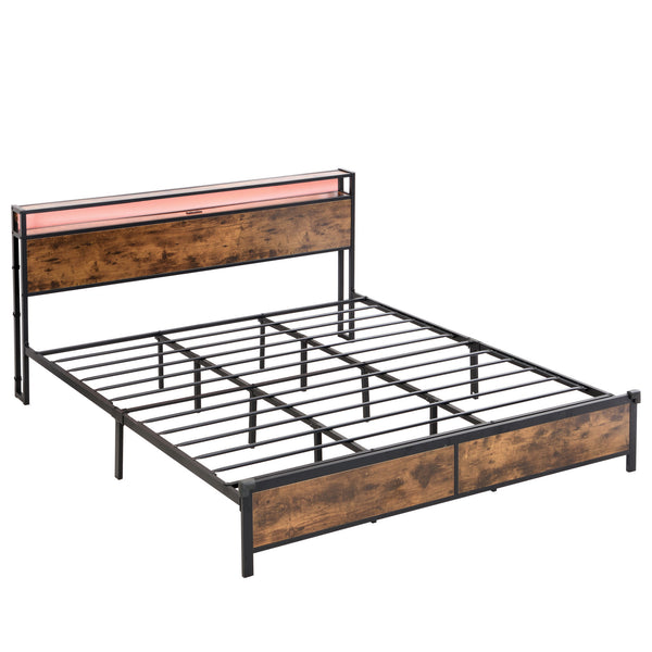 Industrial King Bed Frame with LED Lights and 2 USB Ports, Bed Frame King Size with Storage, Noise Free, No Box Spring Needed, Rustic Brown