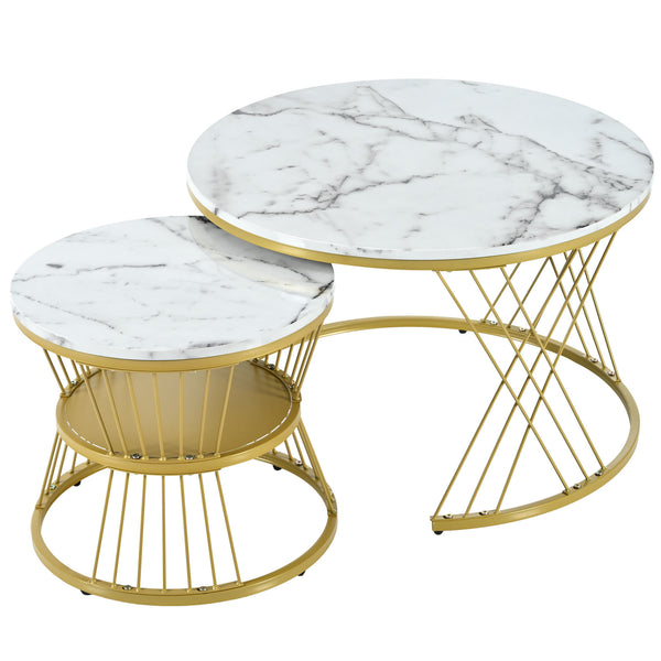 [VIDEO provided] ON-TREND Φ27.5'' & Φ17.7'' Nesting Coffee Table with Marble Grain Table Top, Golden Iron Frame Round Coffee Table, Set of 2, for Living Room, Balcony, White