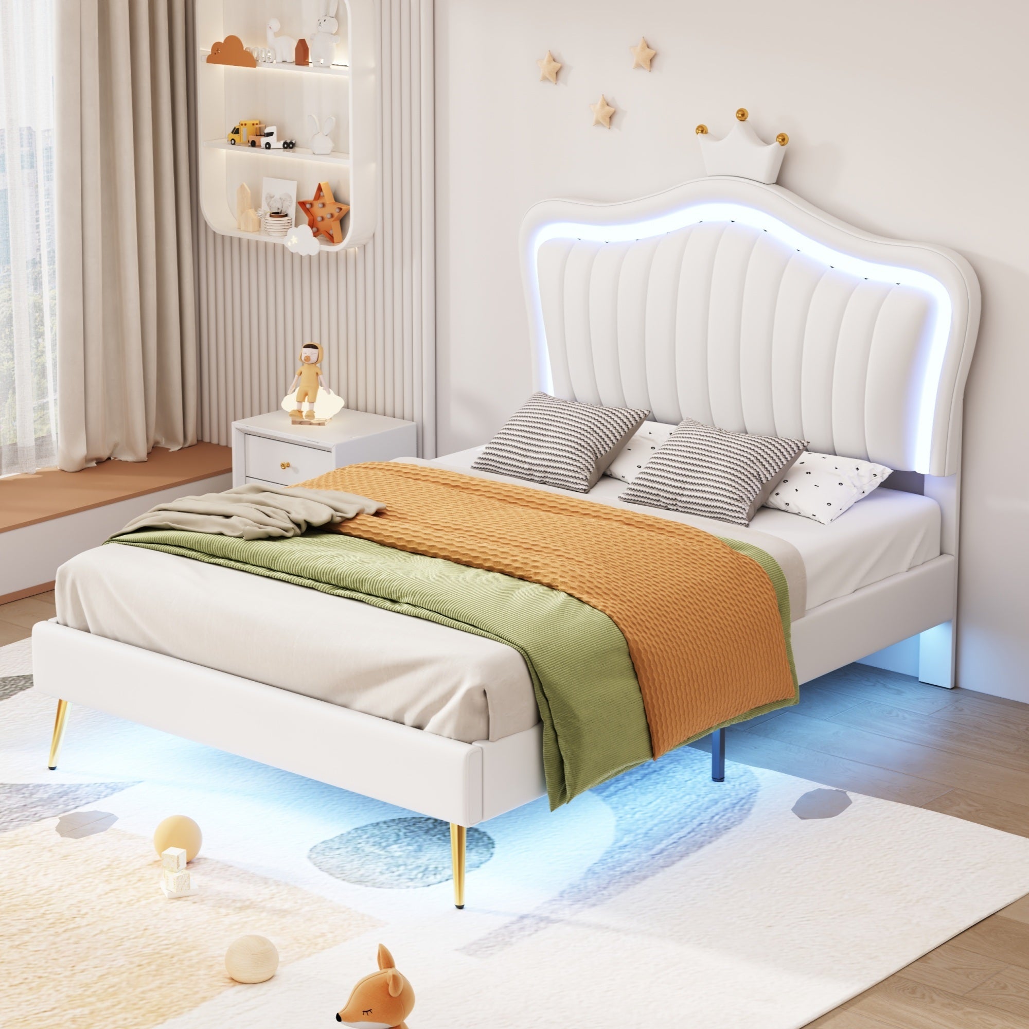 Twin Size Upholstered Bed Frame with LED Lights, Modern Upholstered Princess Bed With Crown Headboard,White