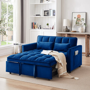 55.1-inch 3-in-1 convertible sofa bed, modern velvet double sofa Futon sofa bed with adjustable back, storage bag and pillow, for living room, bedroom (blue)