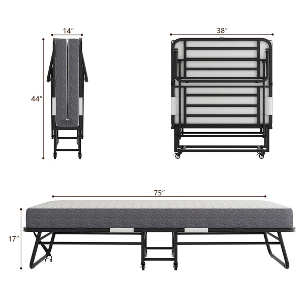 Folding Bed with Mattress 75" x 38" Rollaway Guest Bed Portable Foldable Bed for Adults with 5" Memory Foam Mattress Space-Saving Sturdy All Metal Steel Pipe Frame