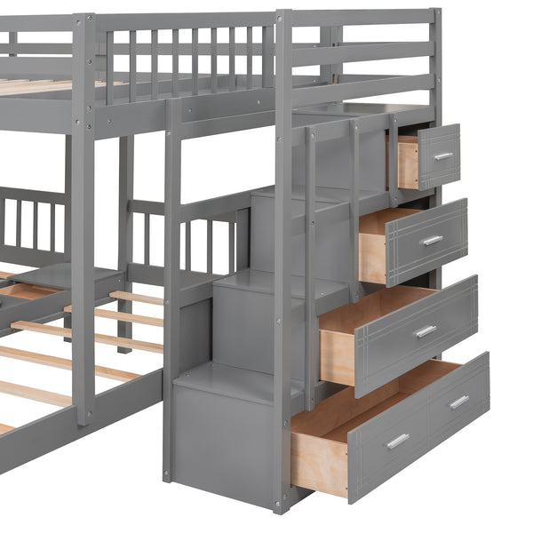 Full Over Twin & Twin Bunk Bed, Wood Triple Bunk Bed with Drawers and Guardrails (Gray)