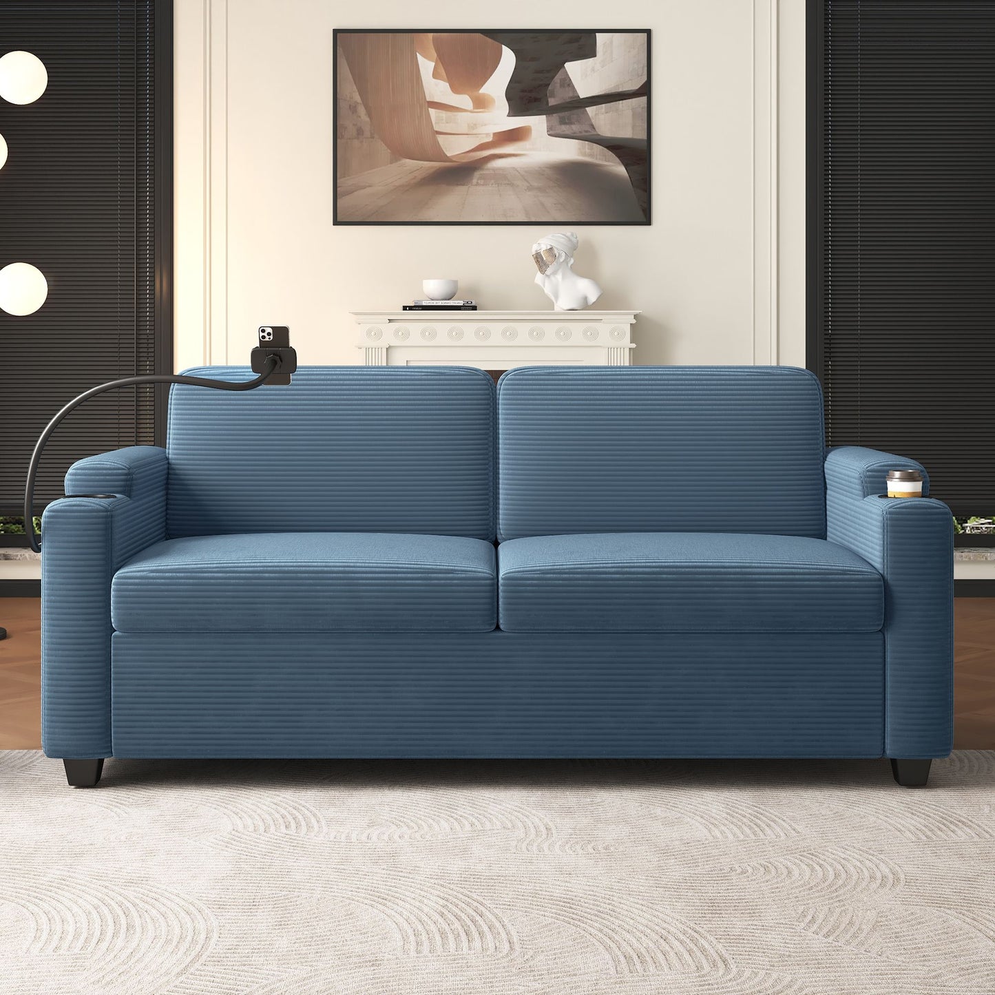 72.8" Corduroy Sleeper Sofa Loveseat Sofa with Full Size Mattress, Two USB Ports, Two Cup Holders, Two Side Pockets and a Phone Holder for Living Room, Navy Blue