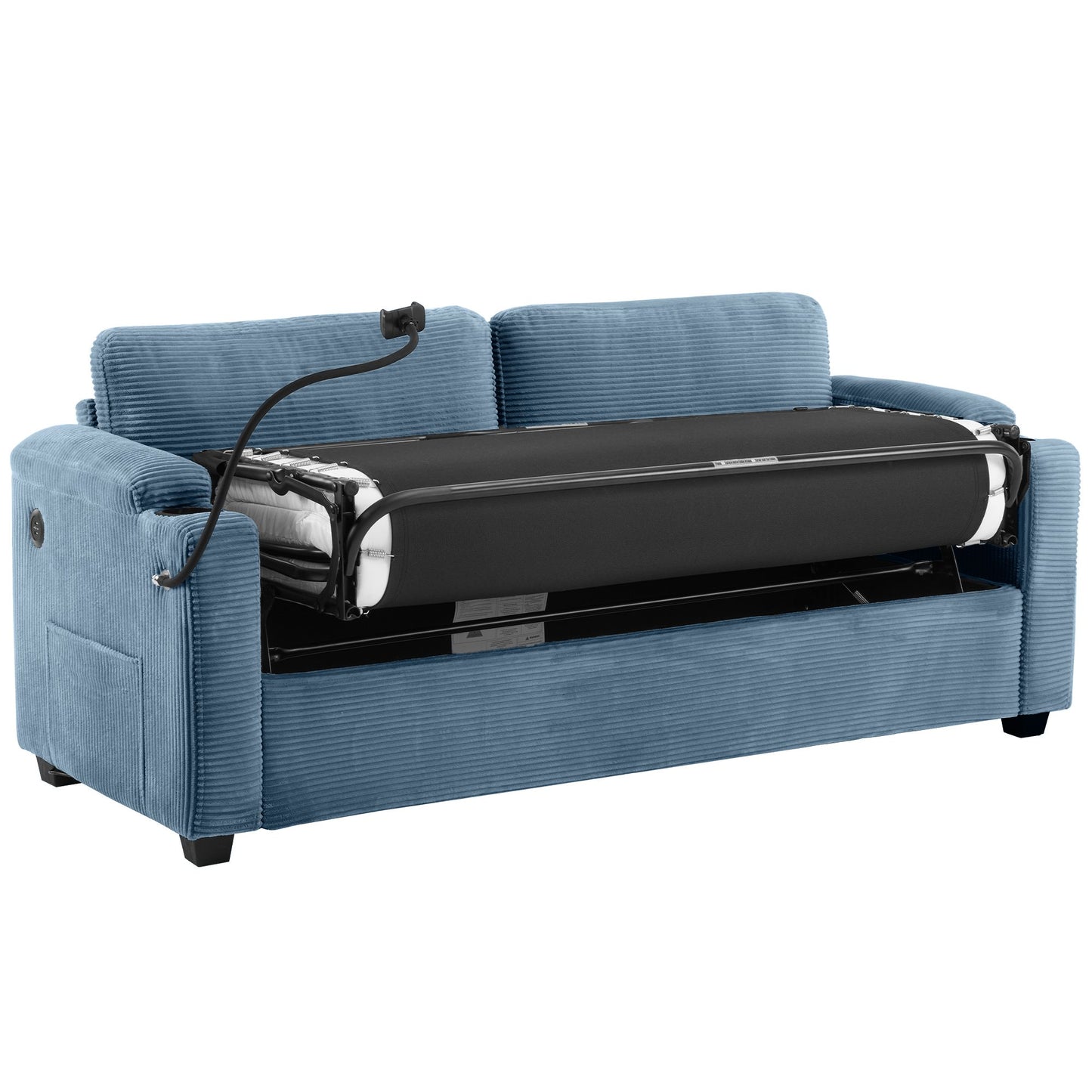 72.8" Corduroy Sleeper Sofa Loveseat Sofa with Full Size Mattress, Two USB Ports, Two Cup Holders, Two Side Pockets and a Phone Holder for Living Room, Navy Blue