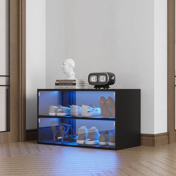 Black Glass Door Shoe Box Shoe Storage Cabinet With RGB Led Light