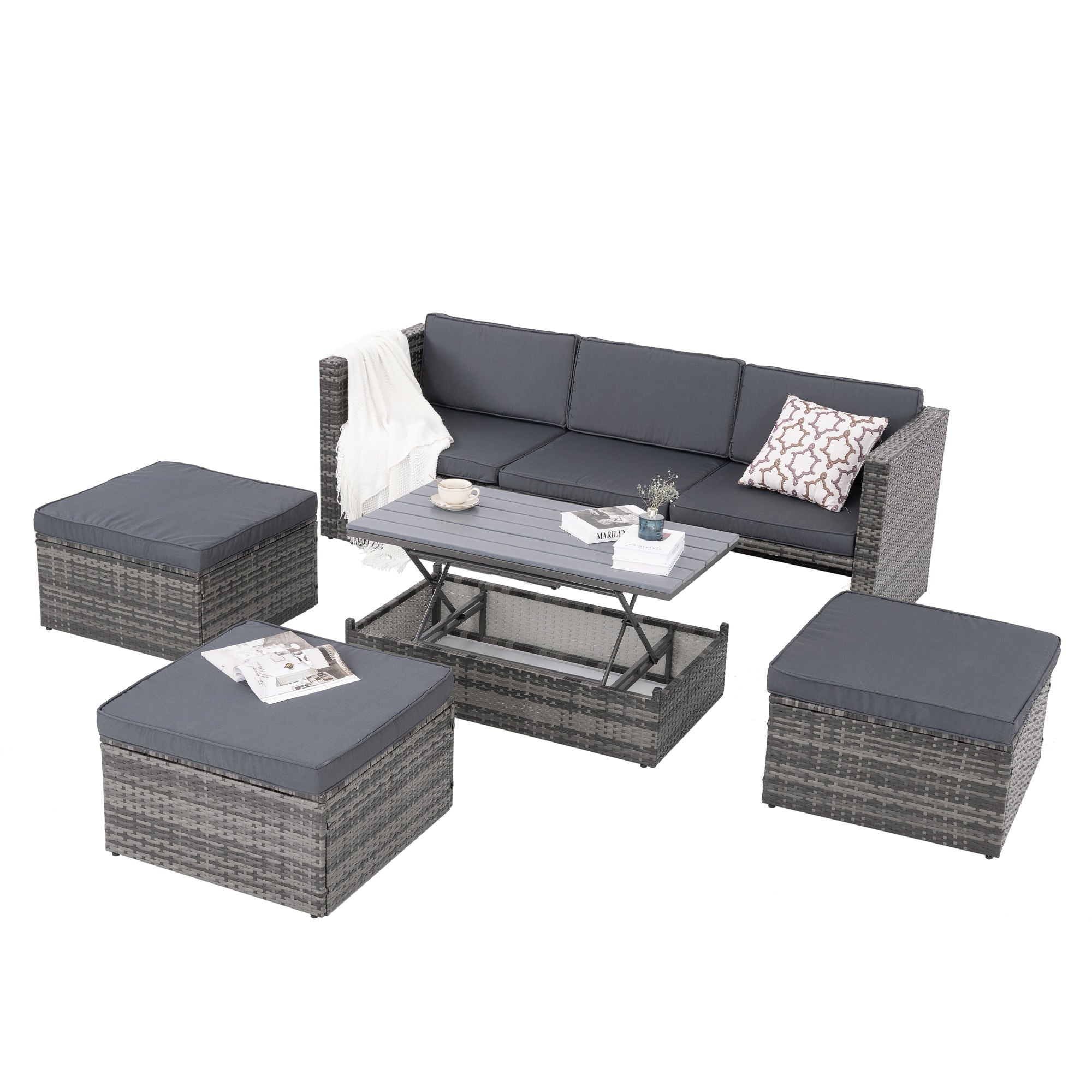 Patio Furniture, Outdoor Furniture, Seasonal PE Wicker Furniture,5 Set Wicker Furniture With Plywood Coffee Table,with lift TOP Coffee Table,with Lounger Sofa