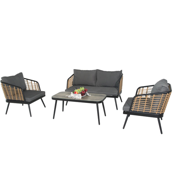 4 Pieces Patio Furniture Set, PE Rattan Wicker 4 Pcs Outdoor Sofa Set w/Washable Cushion and Tempered Glass Tabletop, Conversation Furniture for Garden Poolside Balcony