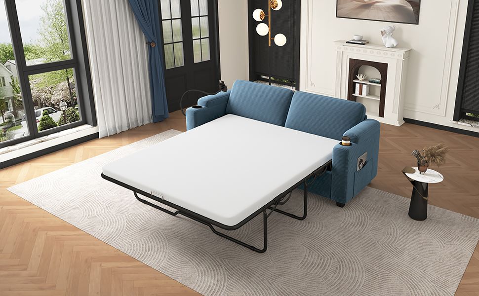 72.8" Corduroy Sleeper Sofa Loveseat Sofa with Full Size Mattress, Two USB Ports, Two Cup Holders, Two Side Pockets and a Phone Holder for Living Room, Navy Blue