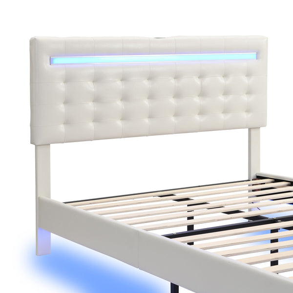 Full Size Floating Bed Frame with LED Lights and USB Charging,Modern Upholstered Platform LED Bed Frame