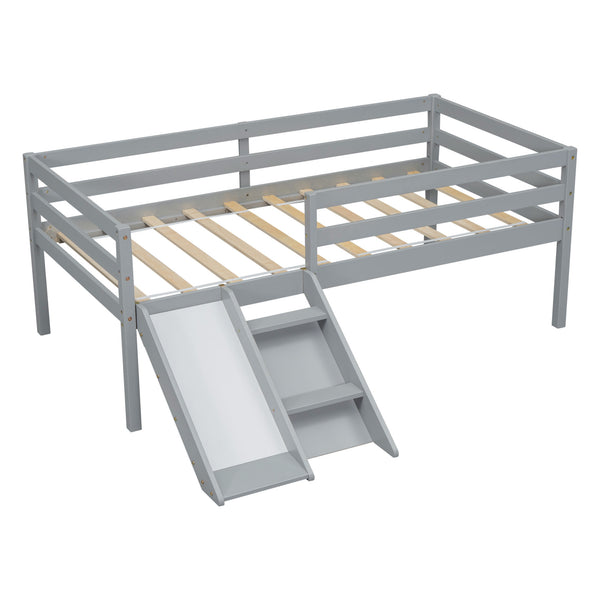 Twin Low Loft Bed with Slide, Ladder, Safety Guardrails, No Box Spring Needed,Grey