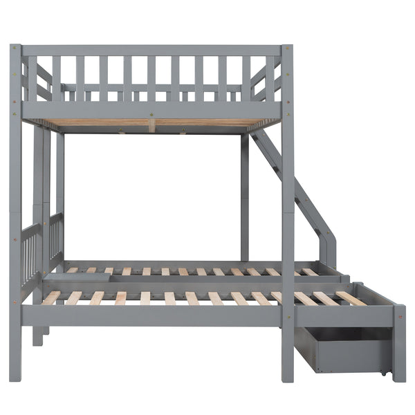 Full Over Twin & Twin Bunk Bed, Wood Triple Bunk Bed with Drawers and Guardrails, Gray (OLD SKU: LP000143AAE)