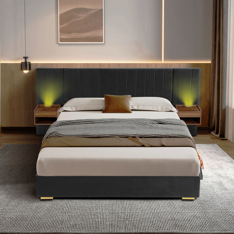 Upholstered King Size Bed Frame of Velvet Tufted Headboard with Floating Nightstand LED/USB Built-in, Grey