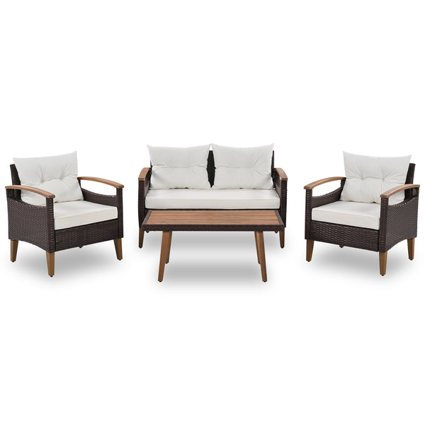 4-Piece Garden Furniture; Patio Seating Set; PE Rattan Outdoor Sofa Set; Wood Table and Legs; Brown and Beige