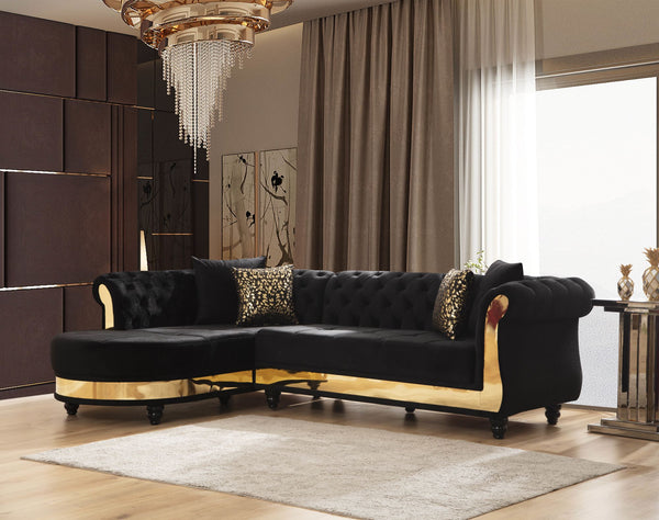 Julia Gold Detailed Tufted Upholstery Sectional made with Wood In Black