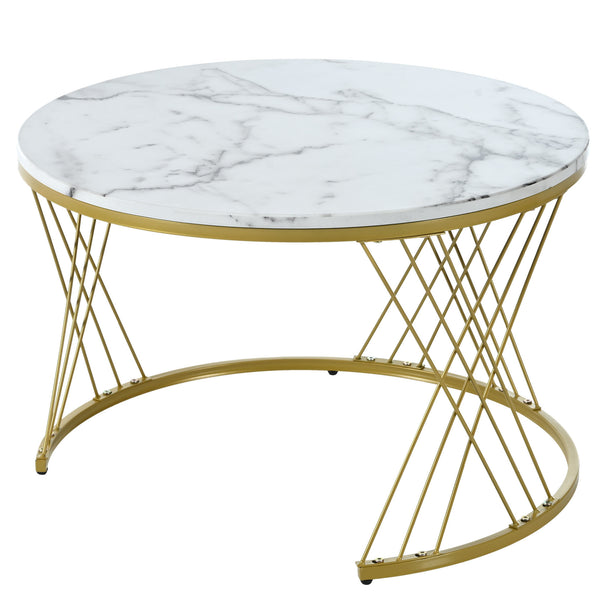 [VIDEO provided] ON-TREND Φ27.5'' & Φ17.7'' Nesting Coffee Table with Marble Grain Table Top, Golden Iron Frame Round Coffee Table, Set of 2, for Living Room, Balcony, White