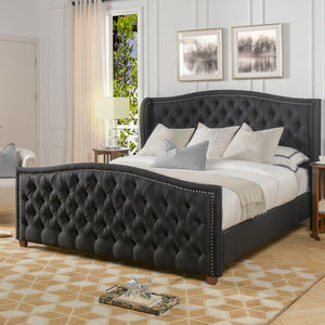 Marcella Upholstered Shelter Headboard Bed Set, King, Jet Black Woven