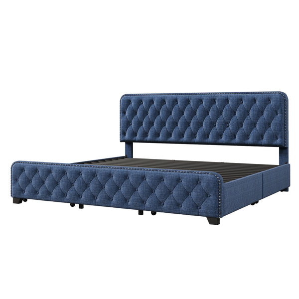 Upholstered Platform Bed Frame with Four Drawers, Button Tufted Headboard and Footboard Sturdy Metal Support, No Box Spring Required, Blue, King (Old sku: BS300277AAC)