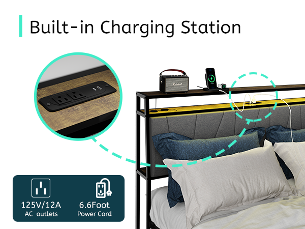 Queen Bed Frame with RGB Lights, 2 Drawers, Headboard and Fast Charger - Rustic Brown, Easy Assembly with Storage, No Box Spring Needed