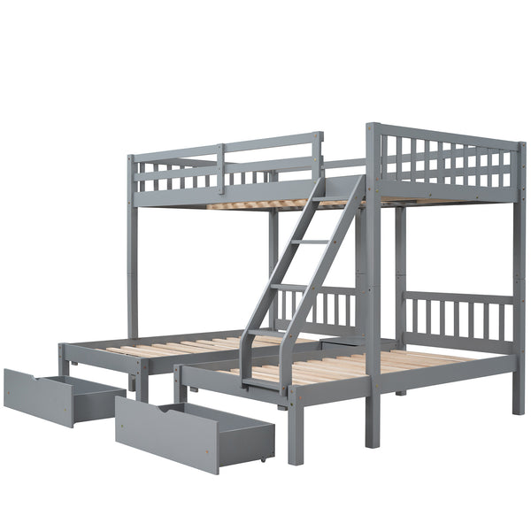 Full Over Twin & Twin Bunk Bed, Wood Triple Bunk Bed with Drawers and Guardrails, Gray (OLD SKU: LP000143AAE)