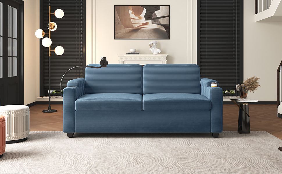 72.8" Corduroy Sleeper Sofa Loveseat Sofa with Full Size Mattress, Two USB Ports, Two Cup Holders, Two Side Pockets and a Phone Holder for Living Room, Navy Blue