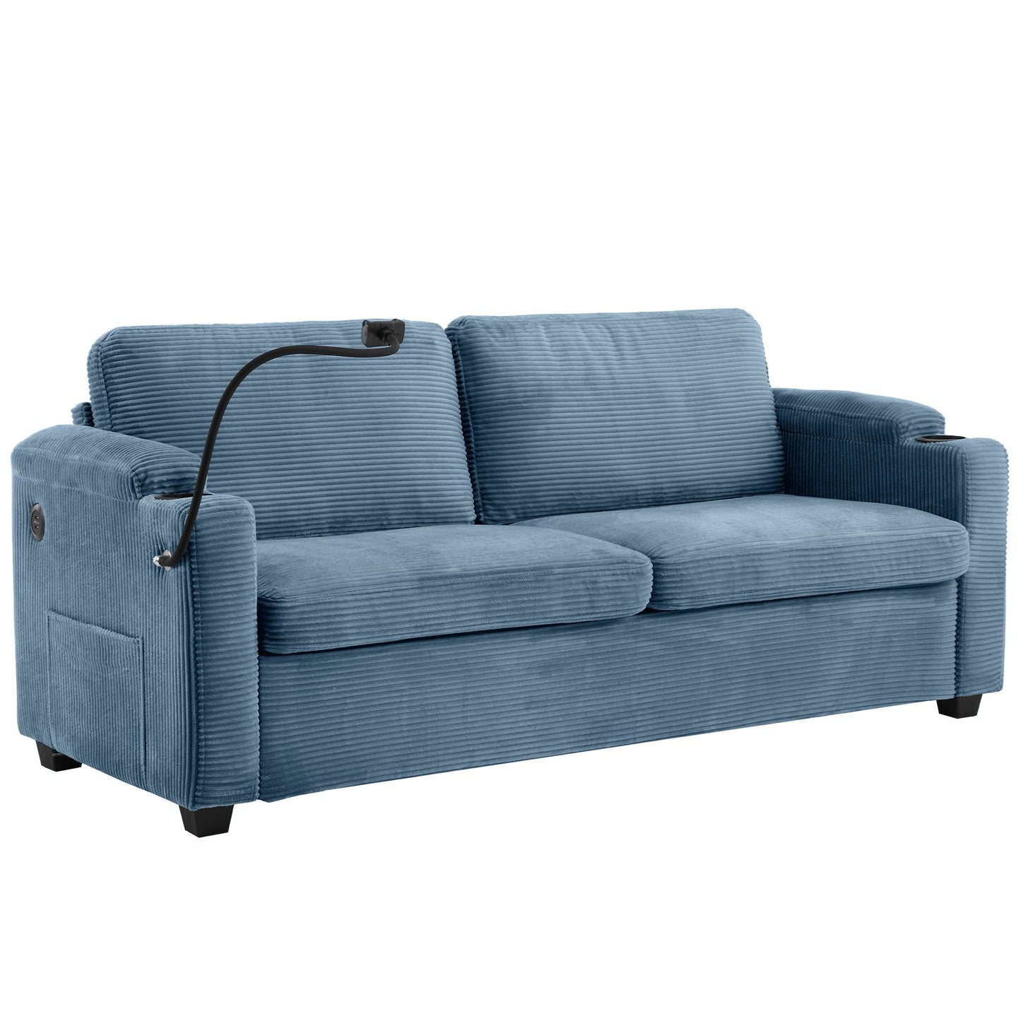 72.8" Corduroy Sleeper Sofa Loveseat Sofa with Full Size Mattress, Two USB Ports, Two Cup Holders, Two Side Pockets and a Phone Holder for Living Room, Navy Blue