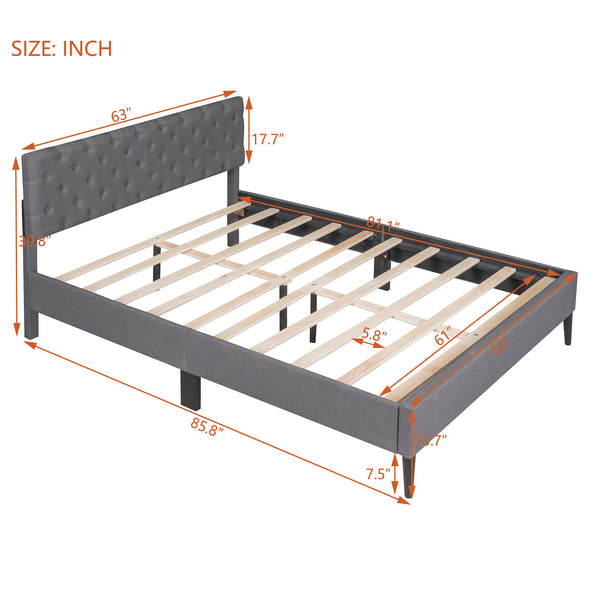 Upholstered Linen Platform Bed, Queen Size