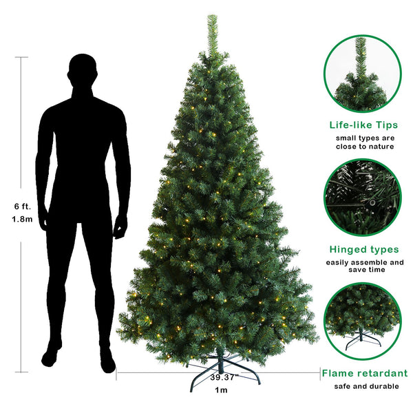 Pre-lit Christmas Tree 6ft Artificial Hinged Xmas Tree with Foldable Stand