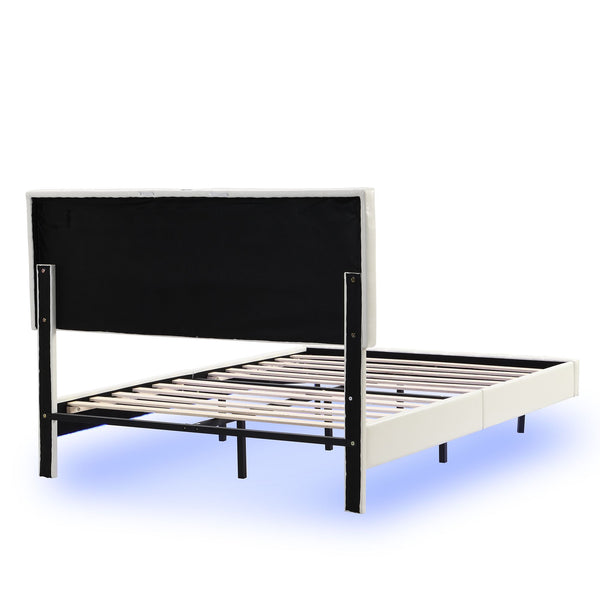 Full Size Floating Bed Frame with LED Lights and USB Charging,Modern Upholstered Platform LED Bed Frame