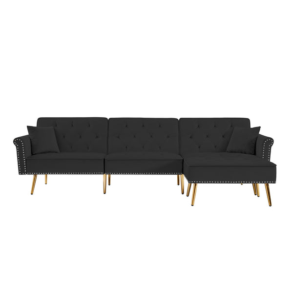 Modern Velvet Upholstered Reversible Sectional Sofa Bed ; L-Shaped Couch with Movable Ottoman and Nailhead Trim For Living Room. (Black)