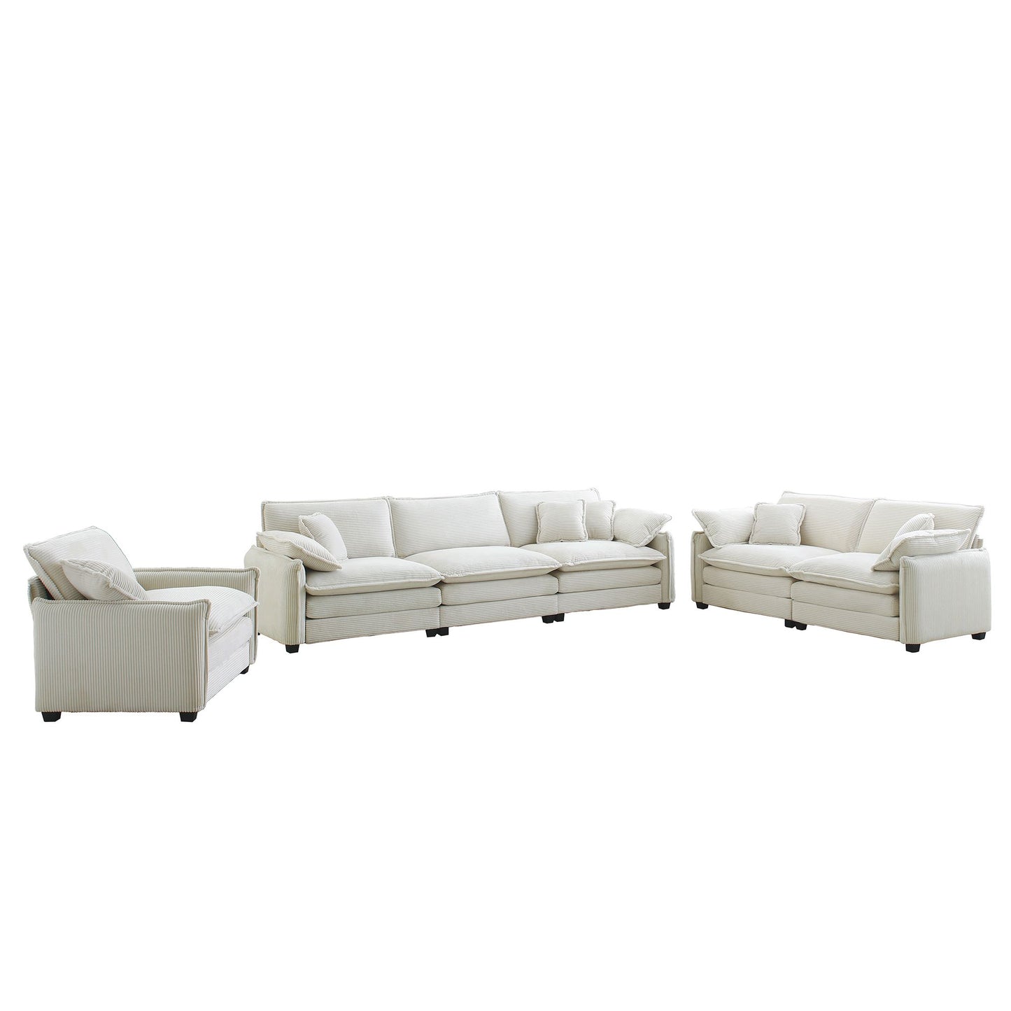 3 Piece Comfortable Oversized Sectional Sofa, One Single Sofa and One 2-Seater Sofa and One 3-Seater Sofa , Beige Corduroy Deep Seat Sofa