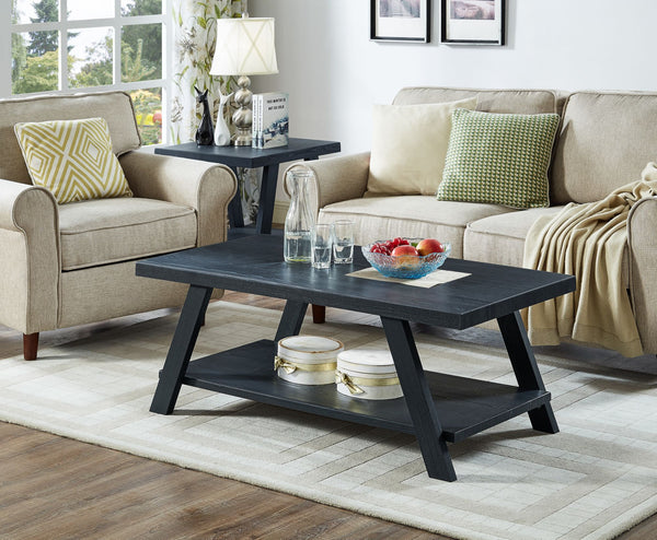 Athens Contemporary Replicated Wood Shelf Coffee Set Table in Black Finish