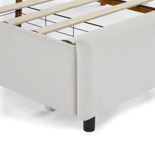 King Size Bed Frame with Drawer, Upholstered Smart Platform Bed with 4-Drawers Strong Wood Slats Support, No Box Spring Needed, Teddy Fleece, White