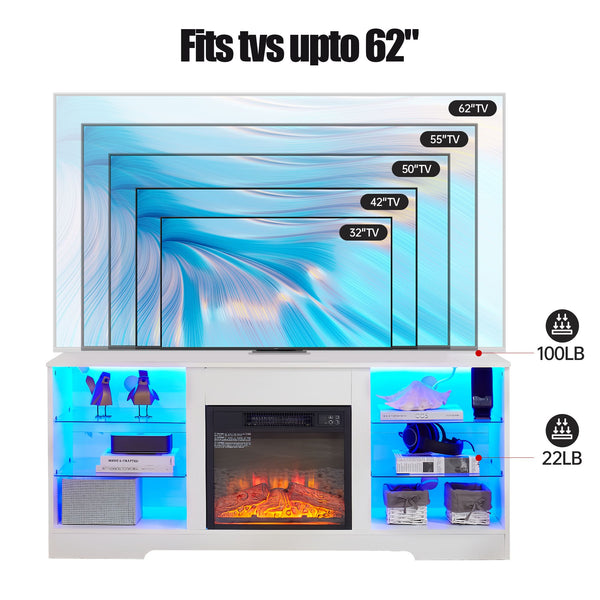 TV Stand Electric Fireplace TV Stand with Glass Shelves, 3D Fireplace TV Stand with LED Lights Wood with USB Charging Outlet Modern Television Table Center for TV up to 32-62" White 58''W*15.5''D*24.4