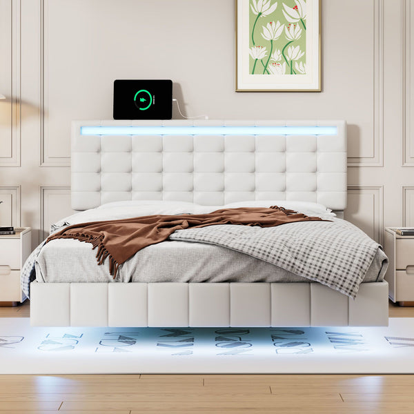 Full Size Floating Bed Frame with LED Lights and USB Charging,Modern Upholstered Platform LED Bed Frame