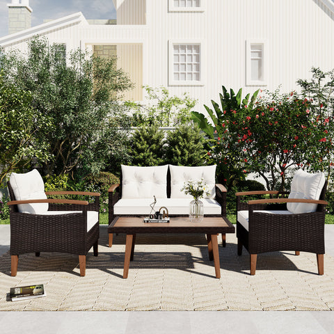 4-Piece Garden Furniture; Patio Seating Set; PE Rattan Outdoor Sofa Set; Wood Table and Legs; Brown and Beige