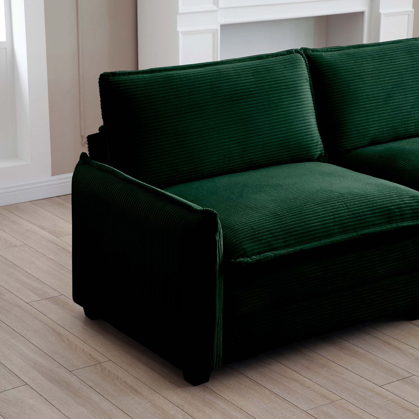 Oversized modular cushioned sofa with conversible ottoman, 3-seater sofa with 2 footstools, U shape sofa inGreen corduroy fabric