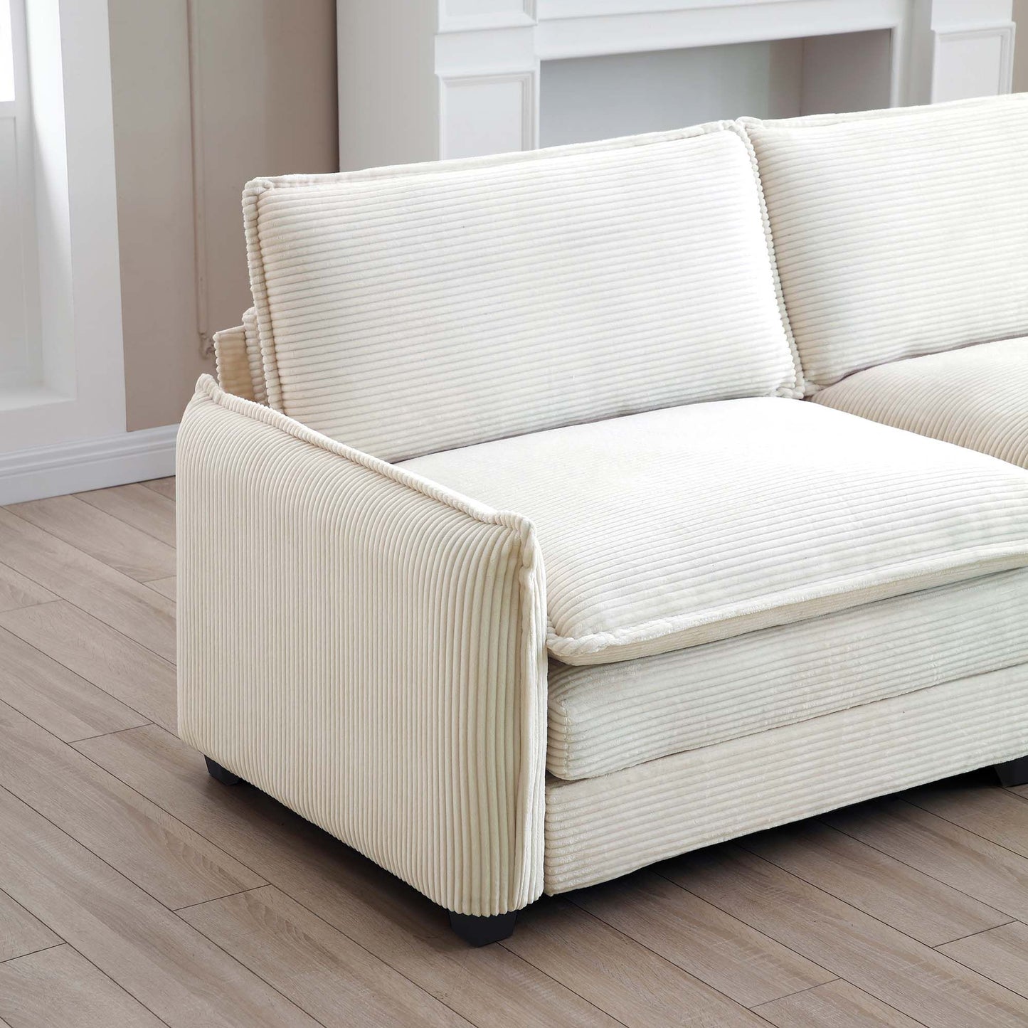 3 Piece Comfortable Oversized Sectional Sofa, One Single Sofa and One 2-Seater Sofa and One 3-Seater Sofa , Beige Corduroy Deep Seat Sofa