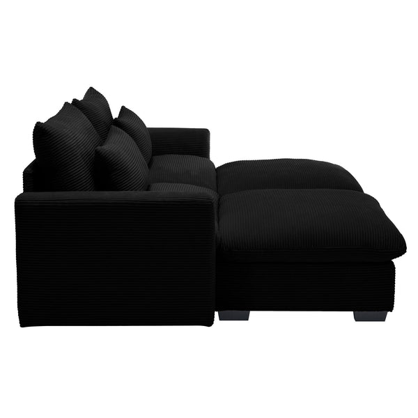 Corduroy Two-Seater Sofa with 2 Storage Footrest,2 Seater Sectional deep seat sofa,Comfy Couches for Living Room,Black Sofa