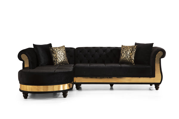 Julia Gold Detailed Tufted Upholstery Sectional made with Wood In Black