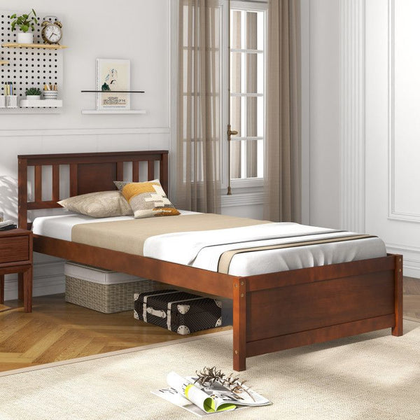 Wooden Platform Bed with Headboard and Wood Slat Support